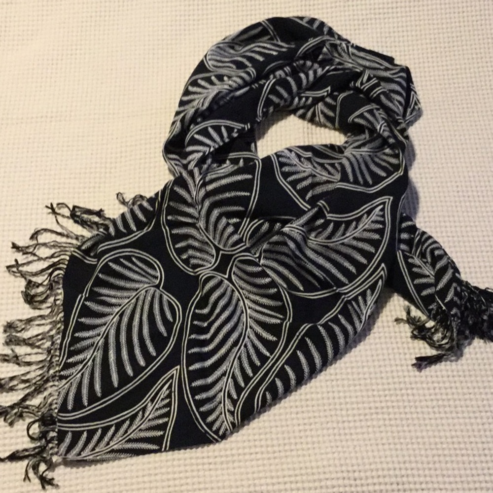 Black scarf with white leaf design